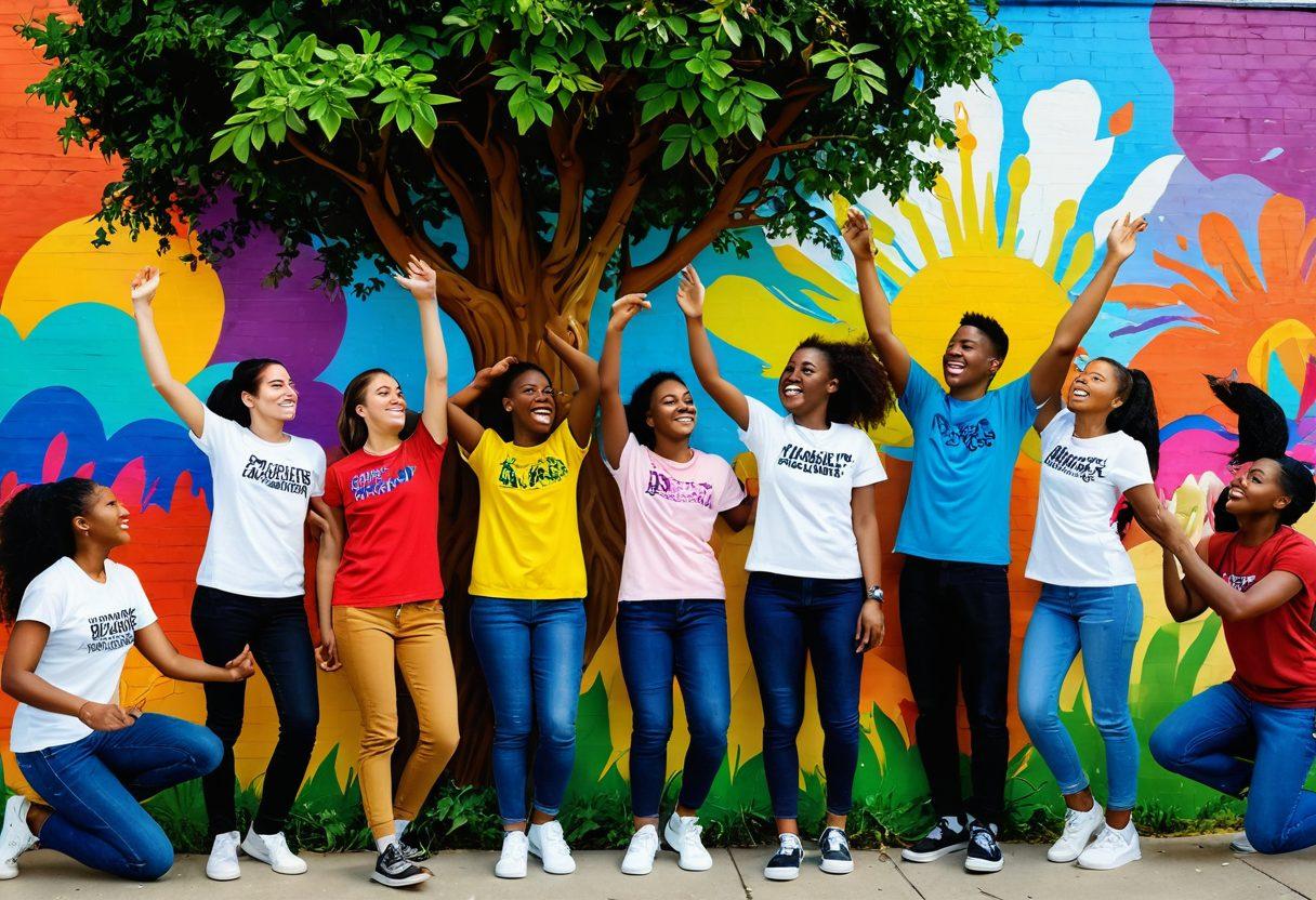 A dynamic scene depicting diverse teenagers engaged in various empowerment activities such as teamwork exercises, artistic workshops, and community service. The setting is vibrant with color, capturing their laughter and collaboration, set against a backdrop of an inspiring mural showcasing positive messages. Include elements of nature, like trees and flowers, to symbolize growth and development. The mood should be energetic and uplifting. super-realistic. vibrant colors. 3D.