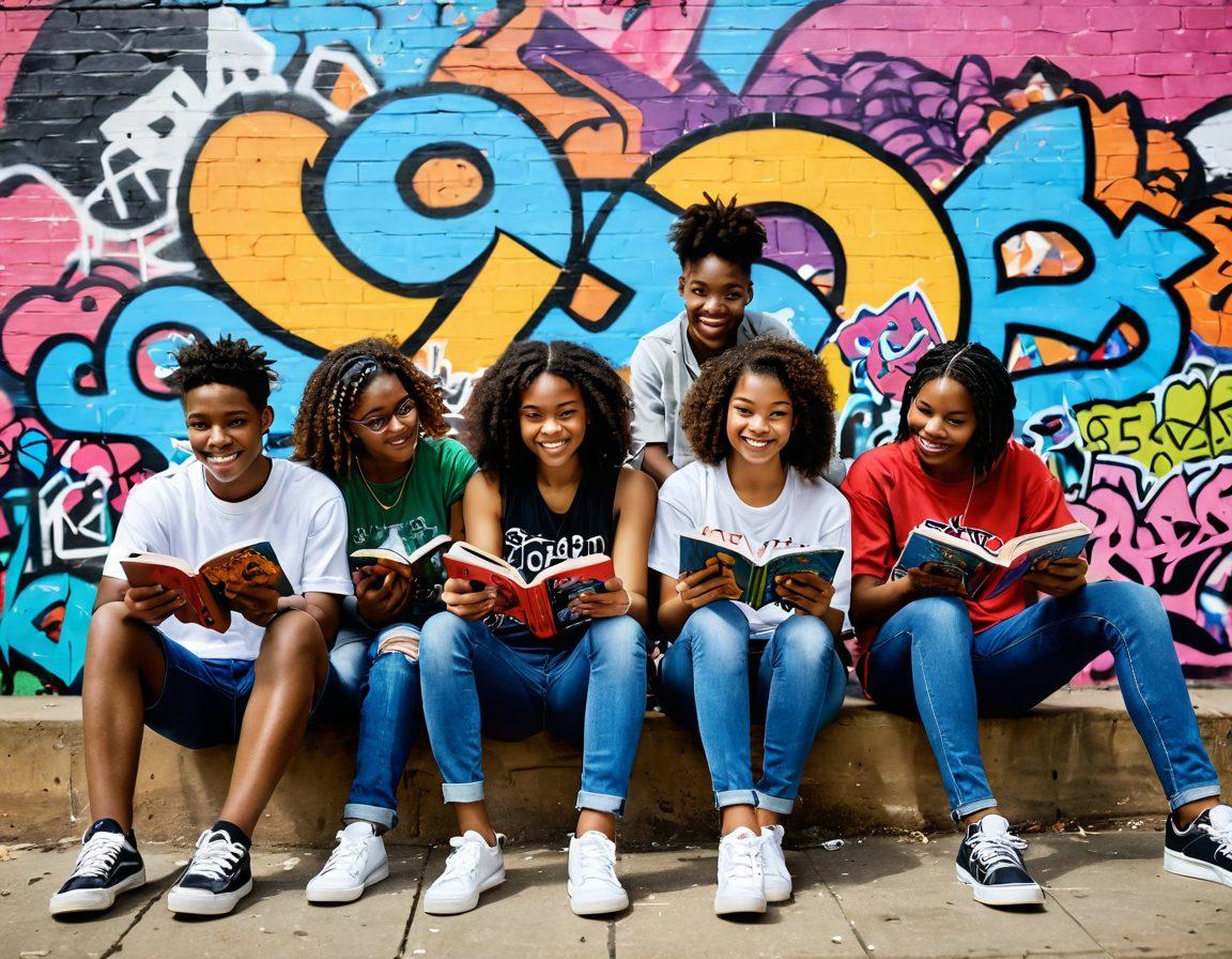 A vibrant scene showcasing diverse teens engaged in various activities, such as reading, collaborating, and expressing creativity, set against a backdrop of colorful graffiti representing youth culture. Include symbols representing support resources like books, community centers, and digital platforms. The image should convey a sense of empowerment and unity among teens. bright colors. dynamic composition. illustrative style.