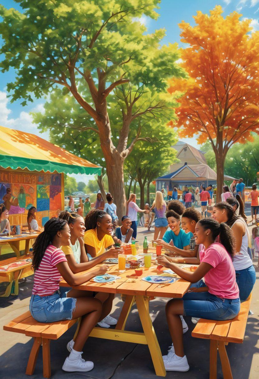 A vibrant outdoor scene showcasing a diverse group of teenagers engaged in various community activities, like collaborating on a mural, sharing ideas at a picnic table, and networking around a colorful resource booth. Emphasize joy, connection, and empowerment among the youth with expressions of enthusiasm and friendship. The background should include trees and a sunny sky to evoke a positive atmosphere. super-realistic. vibrant colors. natural setting.